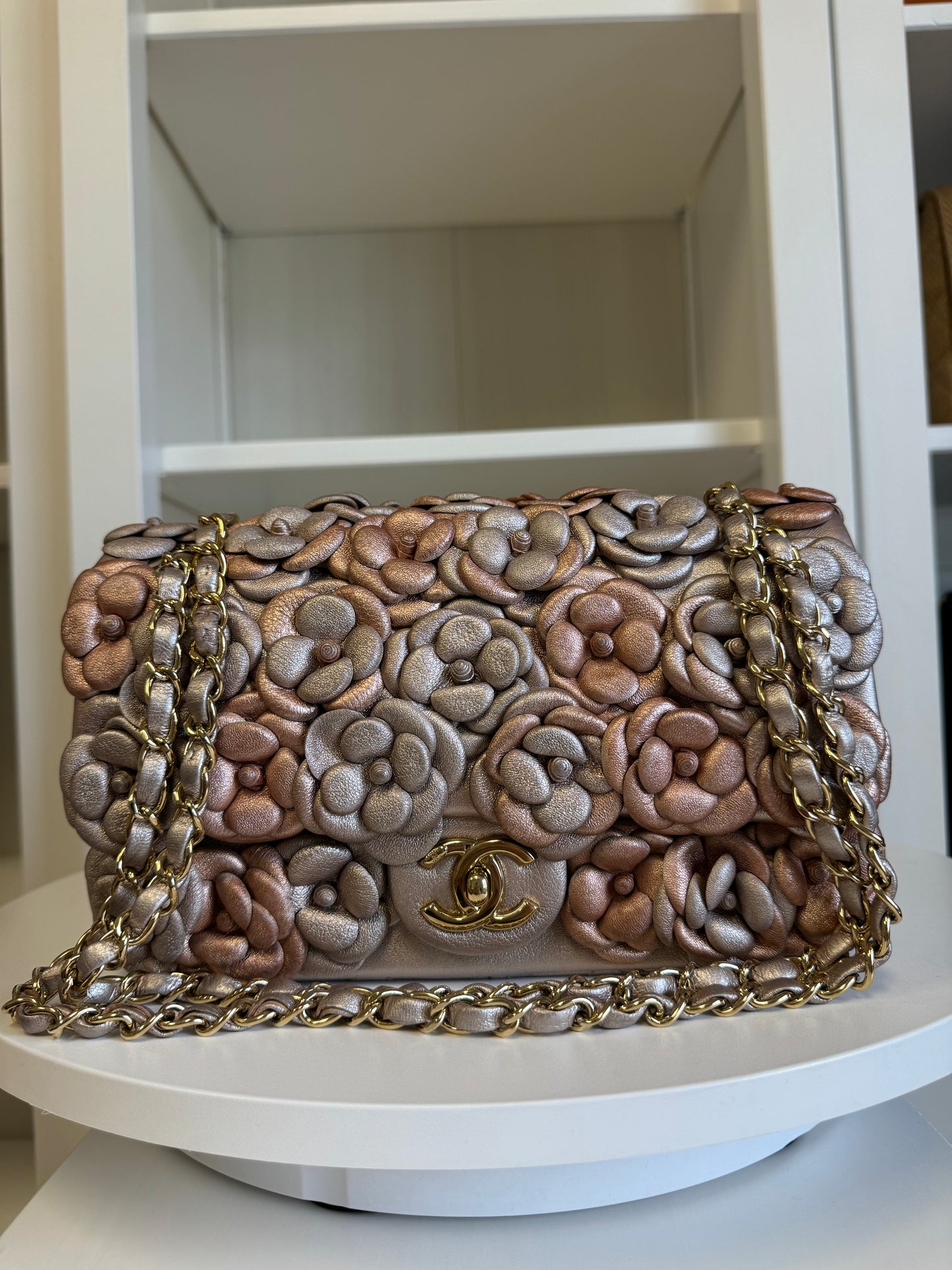 Chanel Metallic Pink and Rose Gold Lambskin Camellia Rose Appliqué Medium Flap Bag