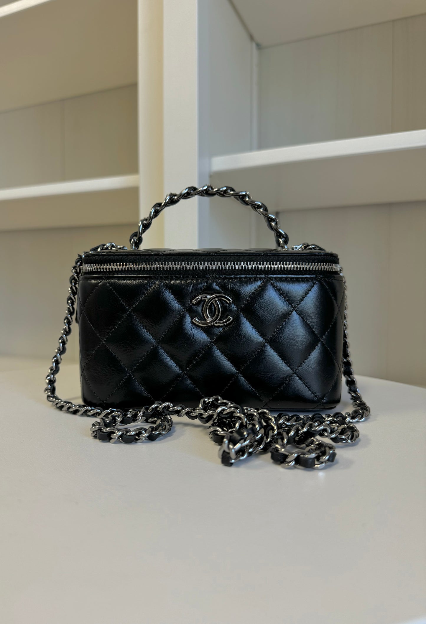 Chanel Shiny Calfskin Quilted Small Crystal Top Handle Vanity W Chain