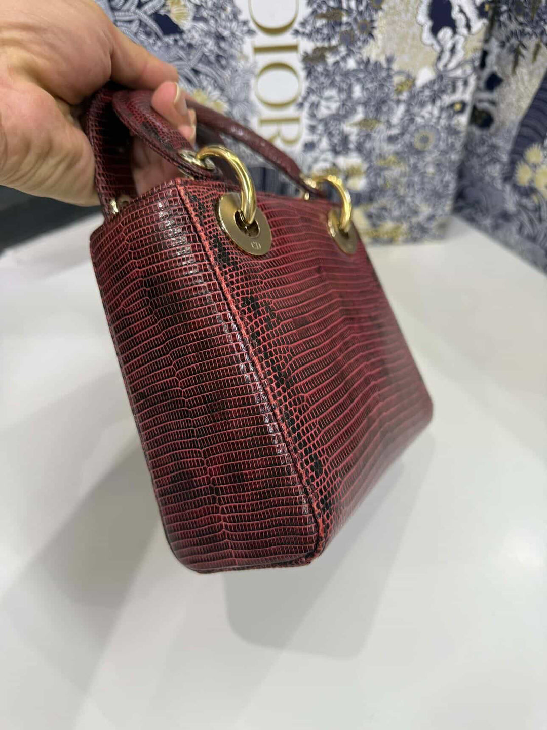Christian Dior Lady Dior Mini Top Handle Lizard Burgundy Gold Hardware