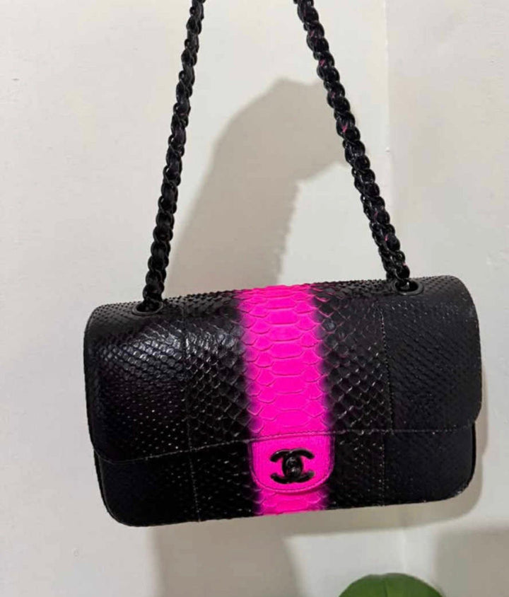 Chanel Medium Classic Double Flap Python Black/Pink Black Hardware 2017