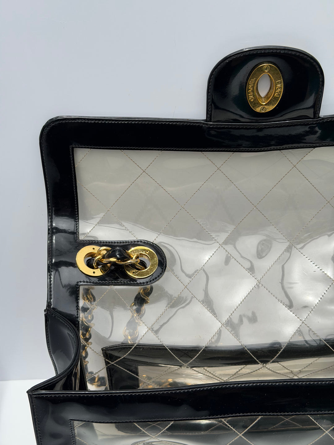 Chanel Maxi Classic Flap Bag Clear Vinyl Black Patent Leather Gold Hardware 1994