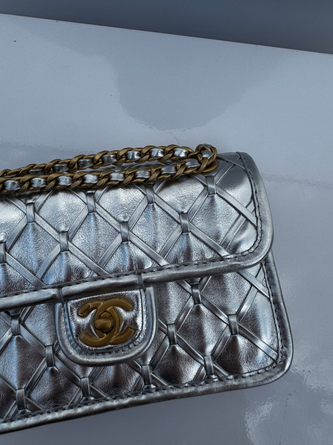 Chanel Silver Metallic Mini Braided Calfskin Flap Bag