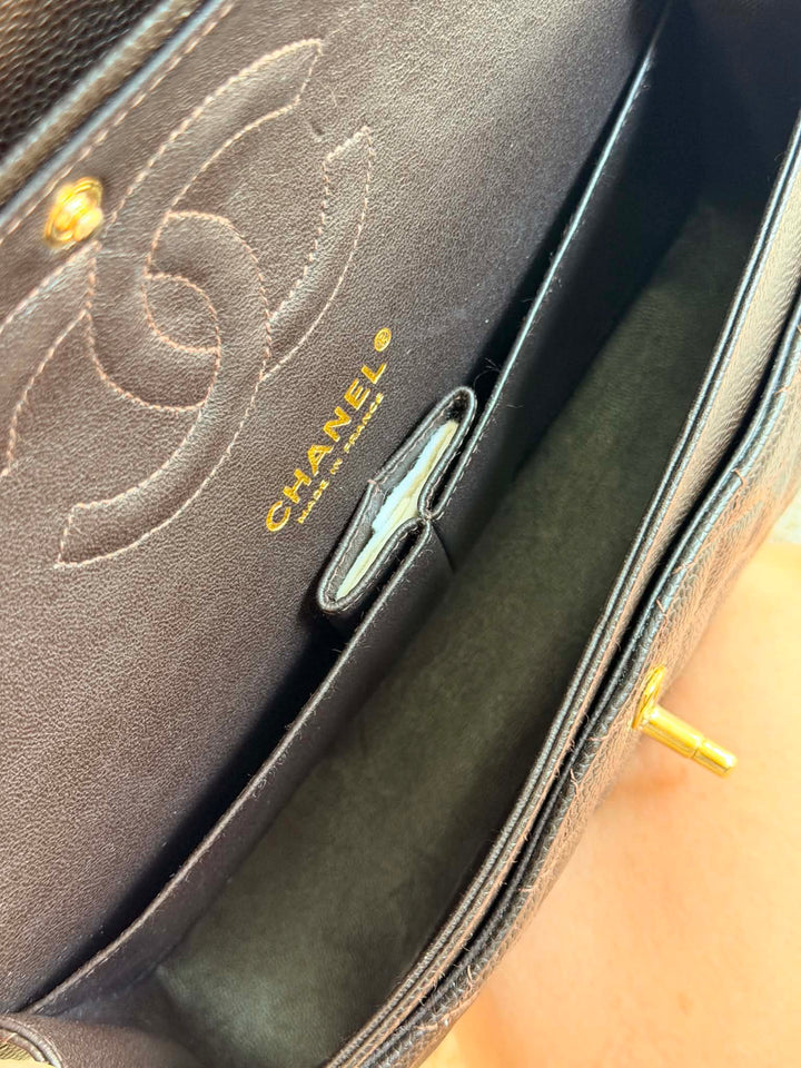 Chanel Medium Classic Flap Bag Caviar Brown 24K Plated Gold Hardware 2003