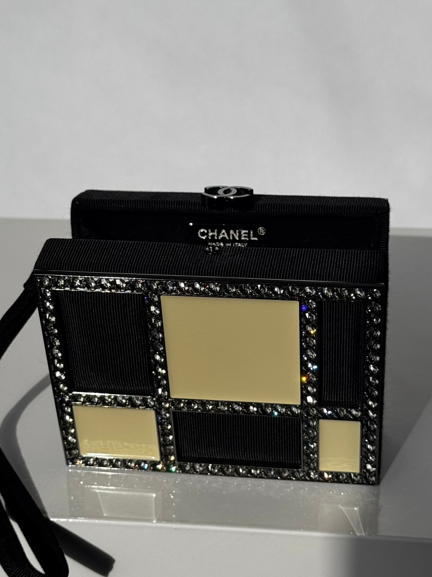 Chanel Minaudière Clutch in Plexi, Black cotton Piqué and Rhinestones