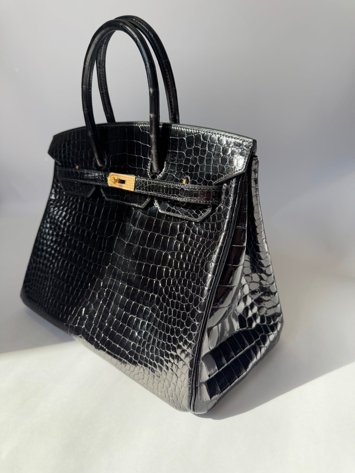 Hermes 18K Yellow Gold Diamond Black Porosus Crocodile Birkin 35