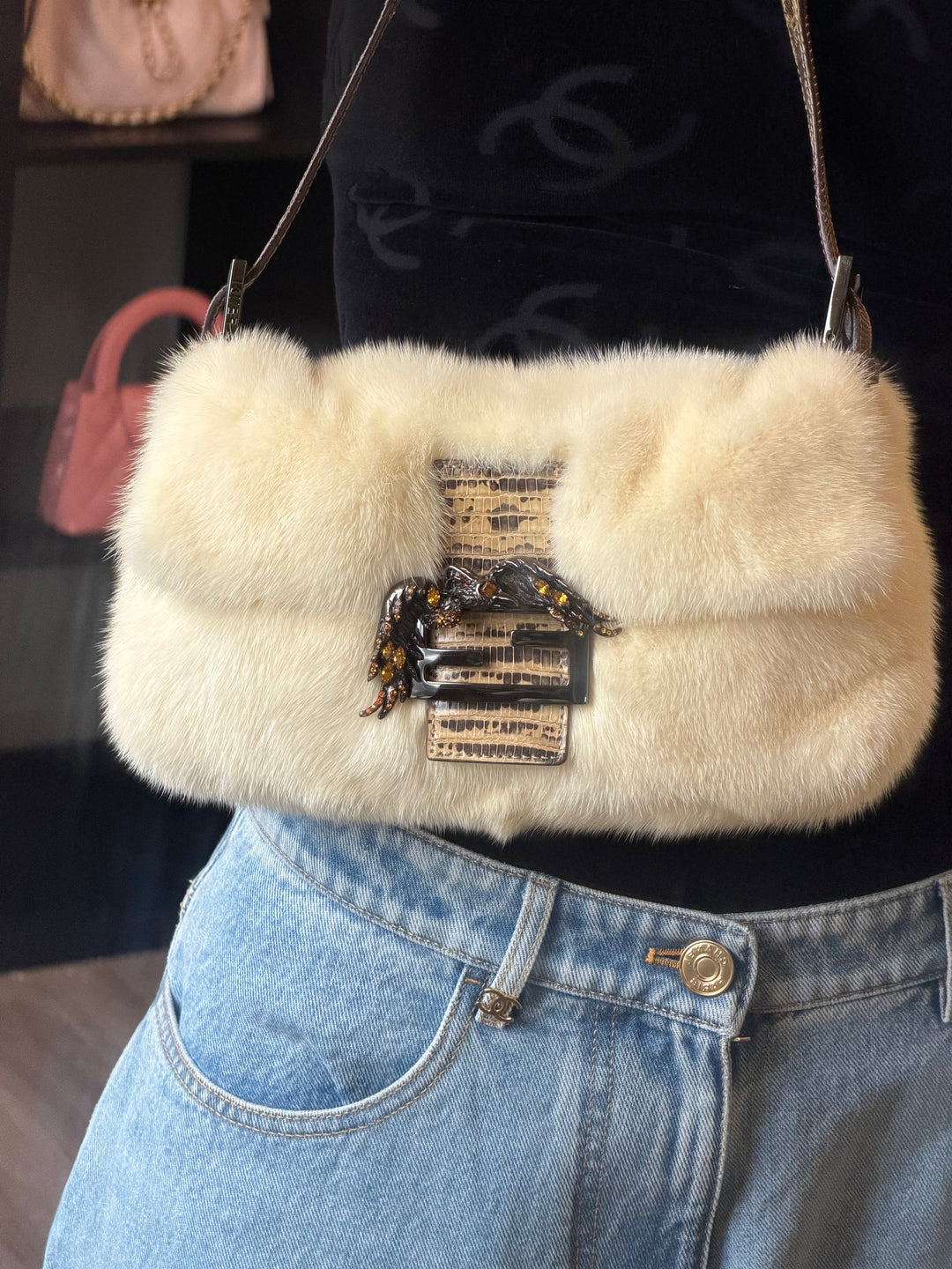 Fendi Crystal Embellished Baguette White Mink Fur Lizard Trim Gold Tone Hardware