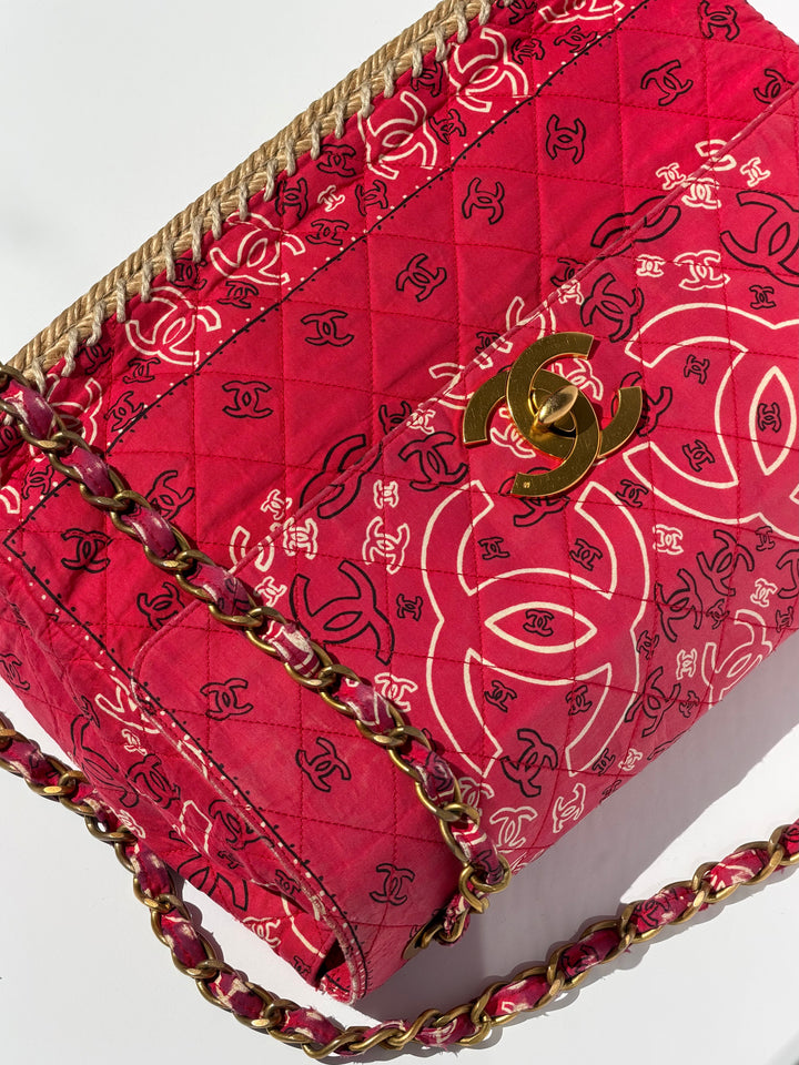 Chanel Vintage Red Bandana Paisley Print Straw Maxi Jumbo Flap Bag 1994