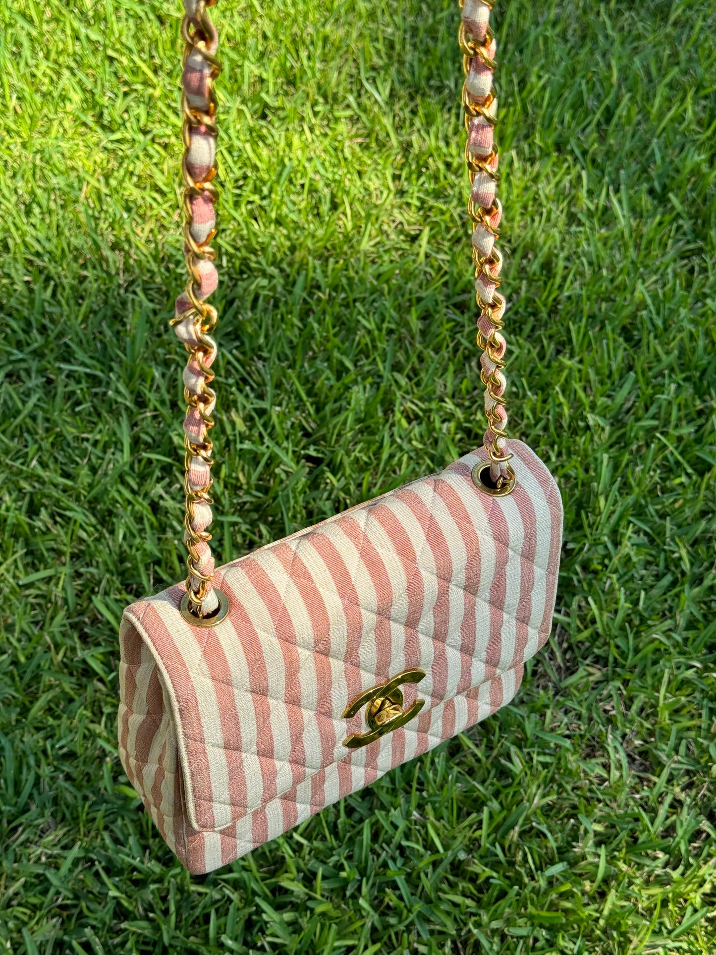 Chanel 24K Vintage Pink Striped Large Flap