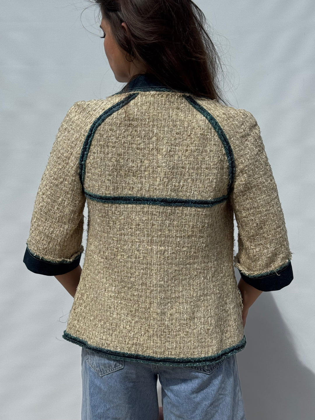 Chanel 2007 Spring Ecru & Denim Trim CC Jacket