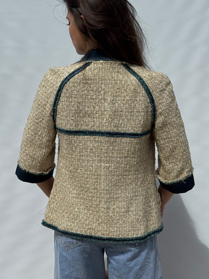 Chanel 2007 Spring Ecru & Denim Trim CC Jacket