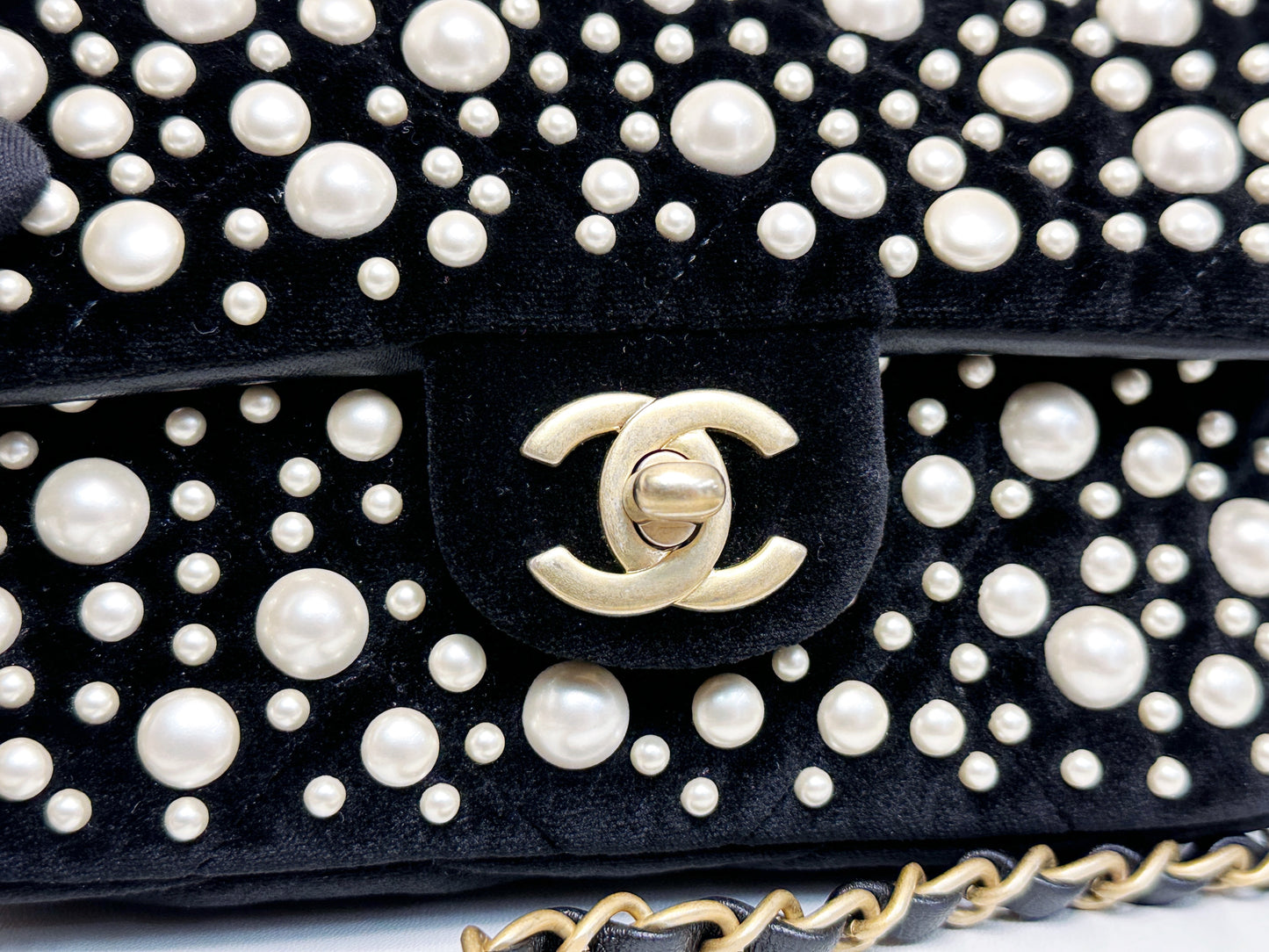 Chanel Black Velvet Mini Pearl Flap Bag