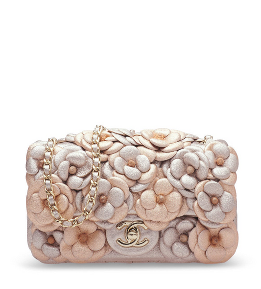 Chanel Metallic Pink and Rose Gold Lambskin Camellia Rose Appliqué Mini Flap Bag