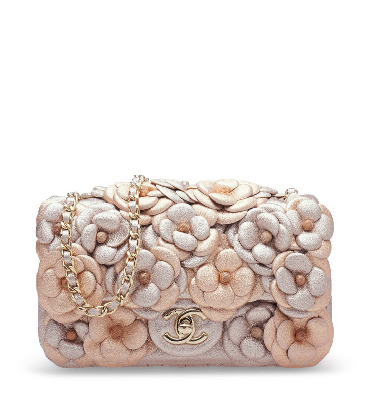 Chanel Metallic Pink and Rose Gold Lambskin Camellia Rose Appliqué Mini Flap Bag
