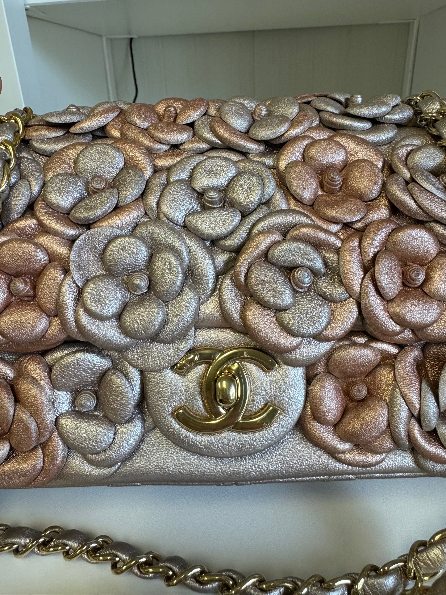 Chanel Metallic Pink and Rose Gold Lambskin Camellia Rose Appliqué Medium Flap Bag