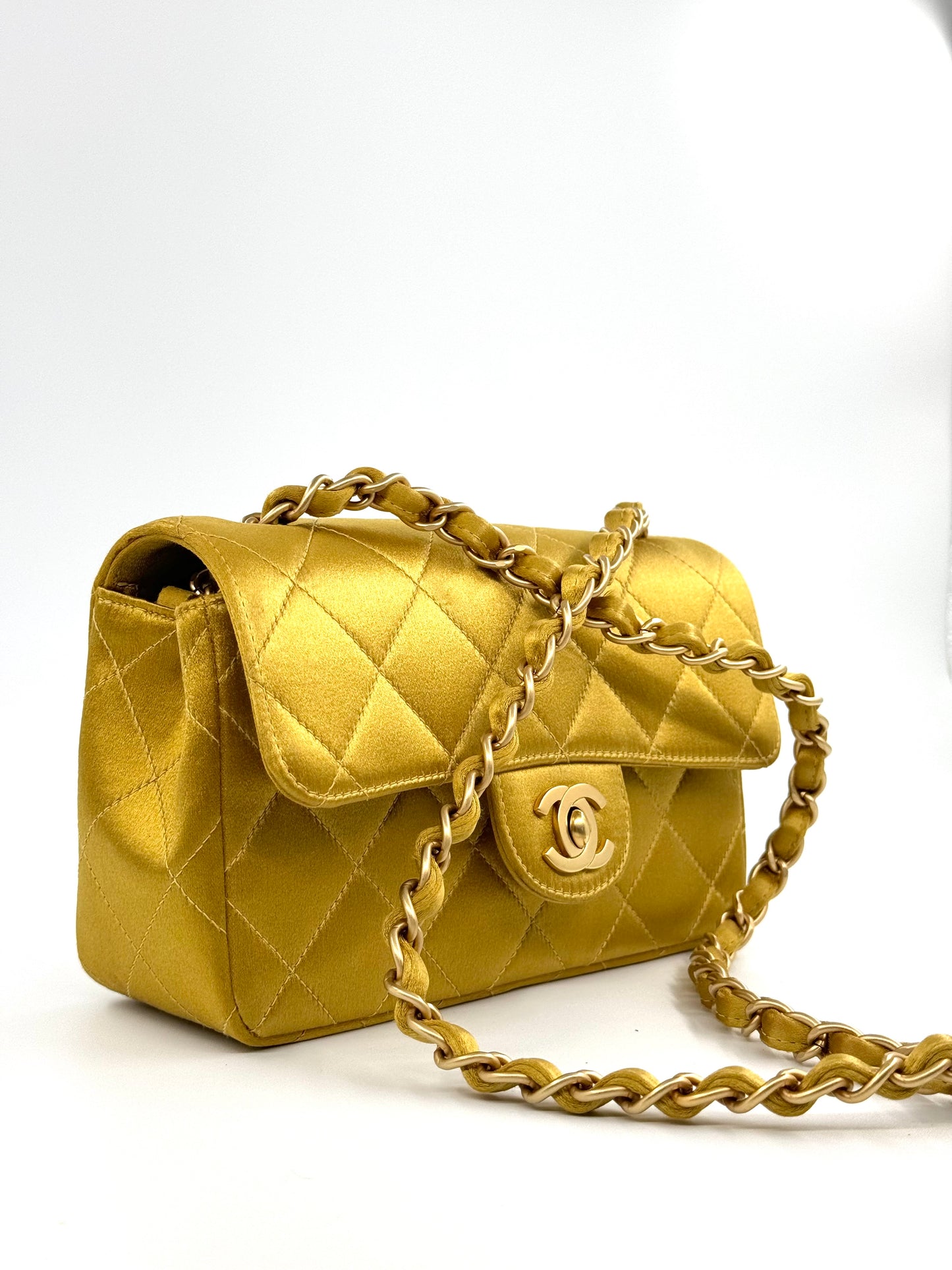 Chanel Gold Satin Mini Rectangle Flap