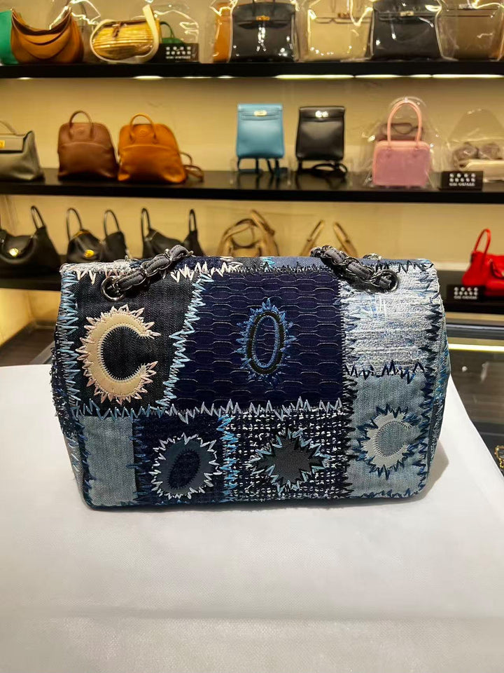 Chanel Jumbo Single Flap Patchwork Denim Blue Tweed Textile Leather Silver Hardware 2015