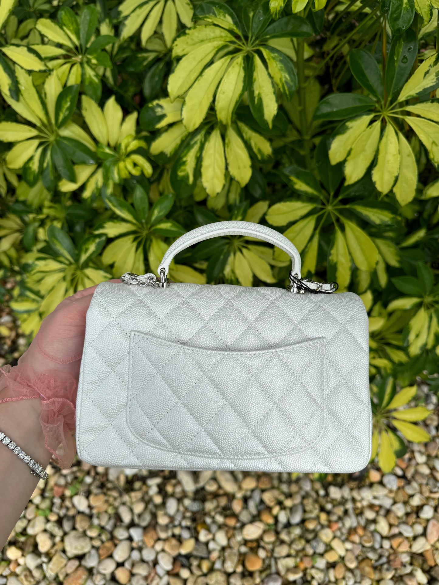 Chanel 21S Mini Iridescent White Caviar Top Handle