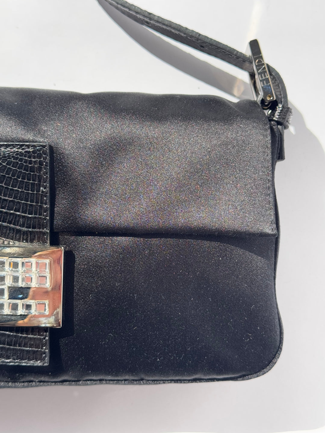 Fendi Black Satin Crystal Baguette With Lizard Trim