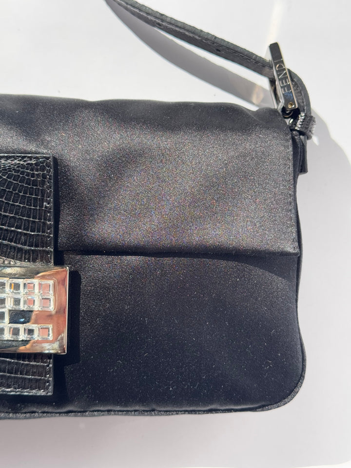 Fendi Black Satin Crystal Baguette With Lizard Trim