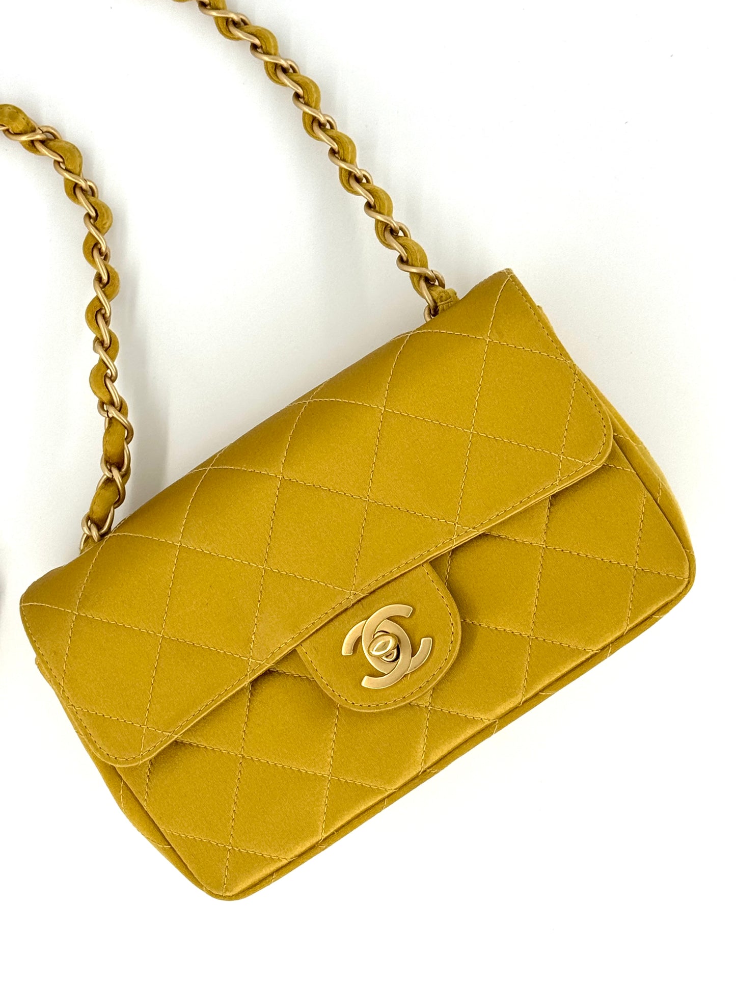 Chanel Gold Satin Mini Rectangle Flap