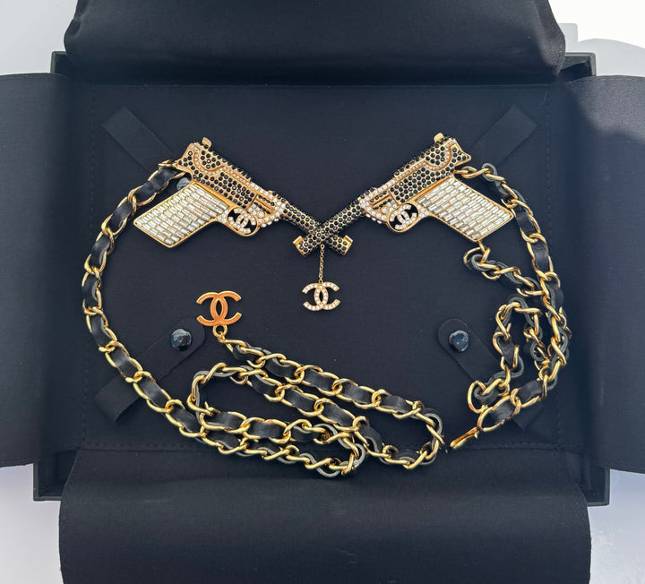 Chanel Runway Pistols Belt Necklace Black Leather Crystal Gold Hardware 2001