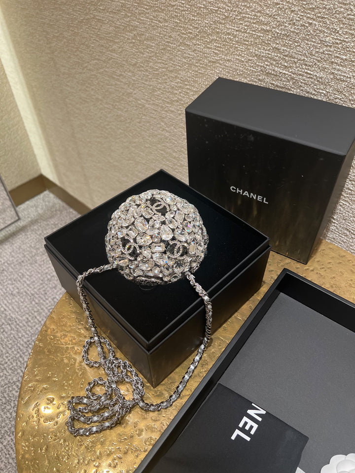 Chanel Sphere Minaudière Clutch Silver Metal & Strass Crystals Silver-Tone Hardware 2025