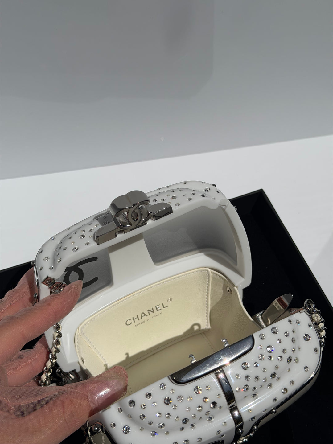Chanel Ski Gondola Swarovski Minaudière White Silver Hardware 2019