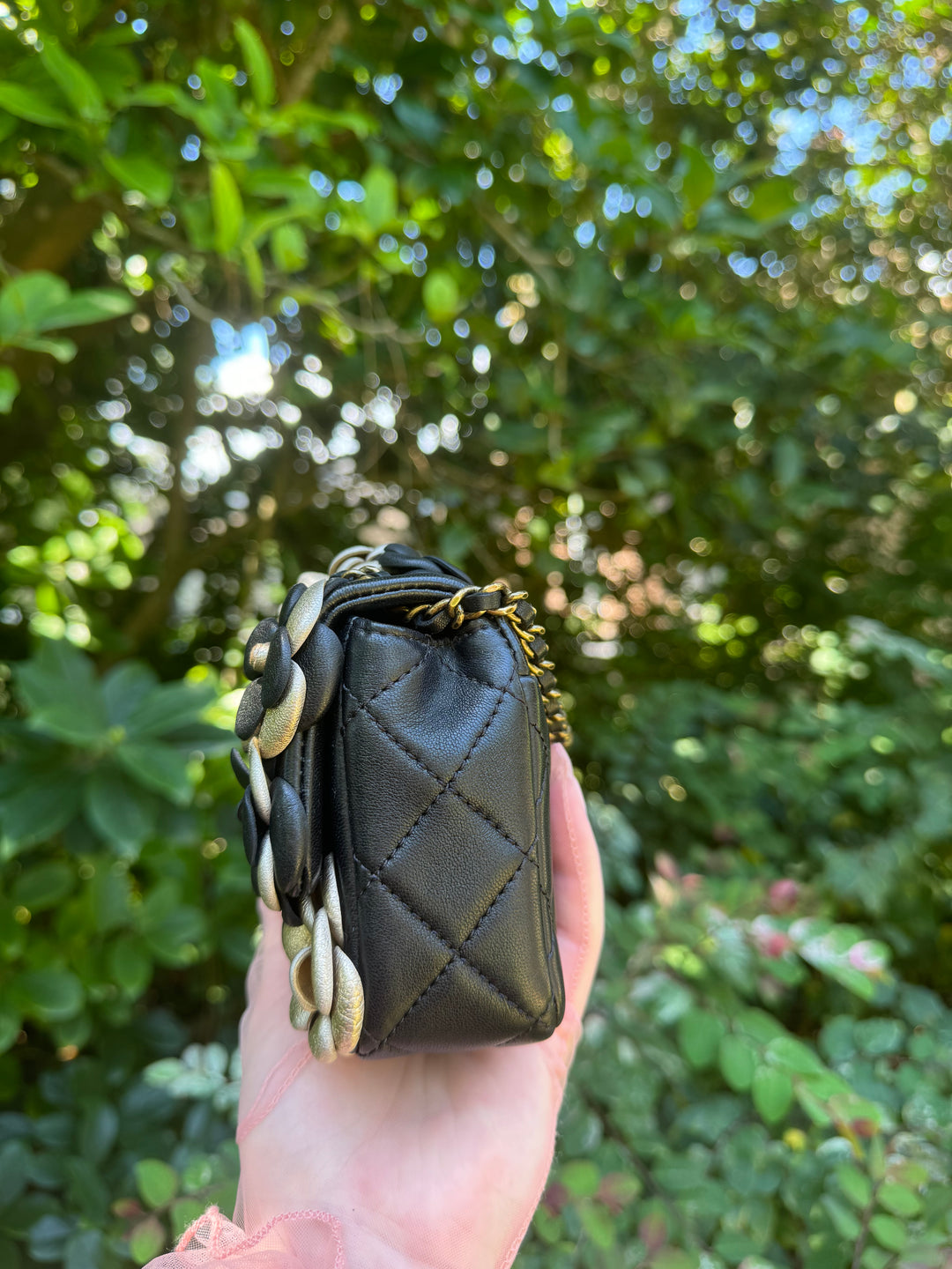 Chanel Metallic Gold And Black Lambskin Camellia Rose Appliqué Mini Rectangle Flap