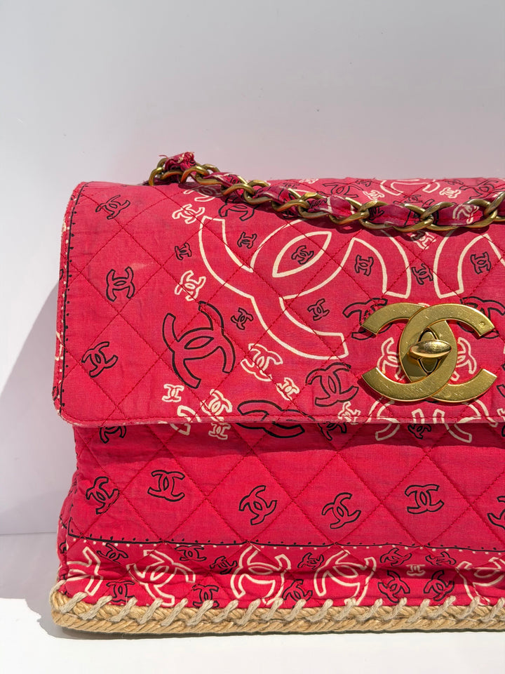 Chanel Vintage Red Bandana Paisley Print Straw Maxi Jumbo Flap Bag 1994