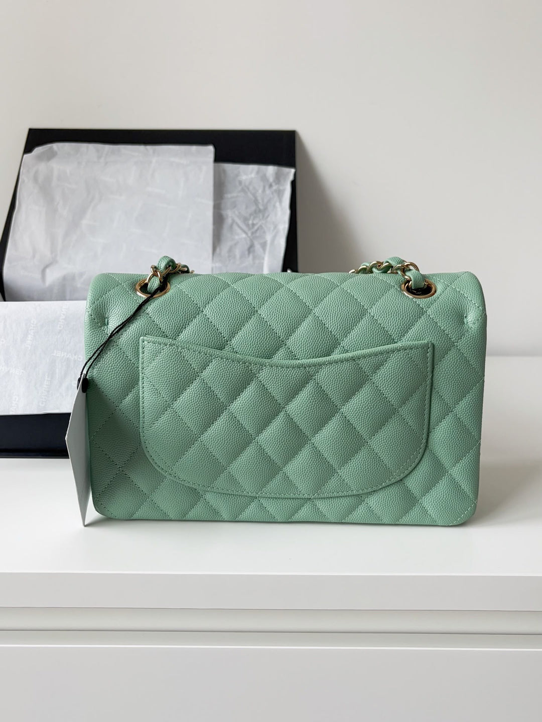 Chanel Small Classic Double Flap Caviar Green Light Gold Hardware 2023