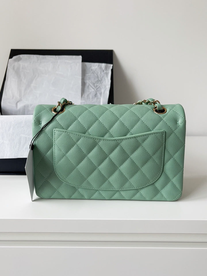 Chanel Small Classic Double Flap Caviar Green Light Gold Hardware 2023
