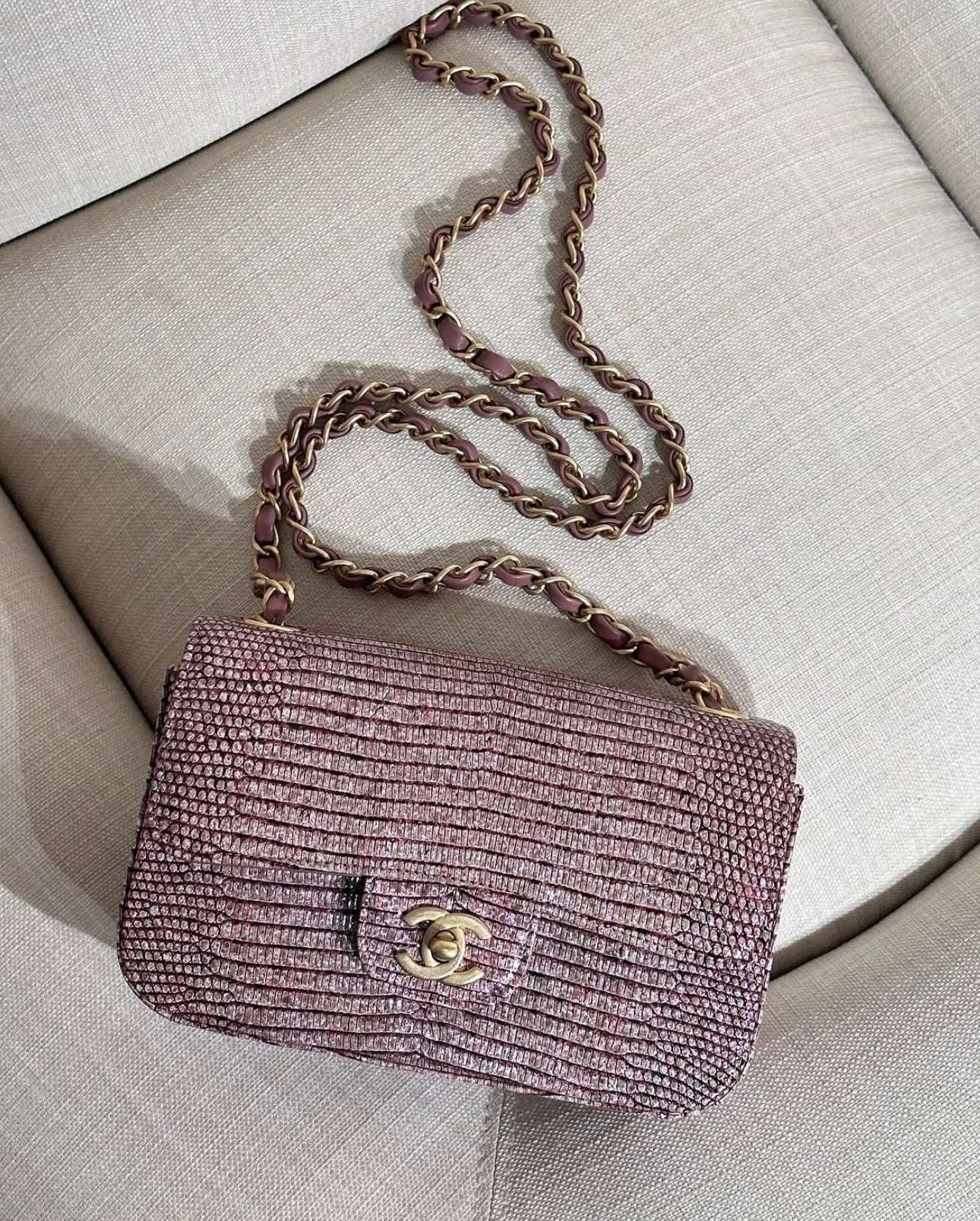 Chanel Mauve Taupe Lizard Mini Rectangular Flap Bag