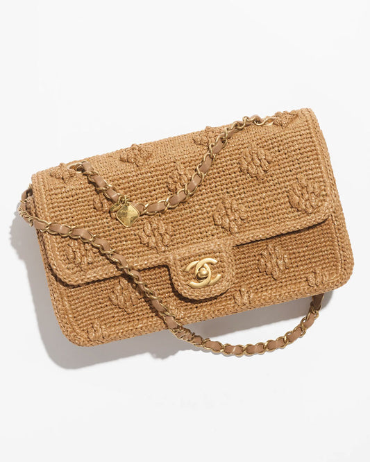 Chanel 24P Tan Braided Raffia Medium Flap Bag