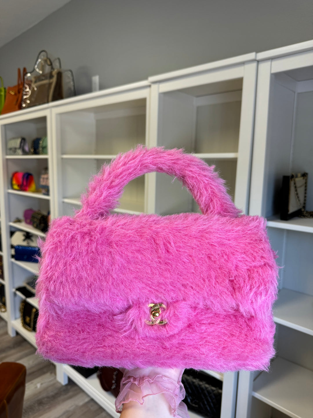 Chanel RARE 1994 Pink Faux Fur Kelly Top Handle