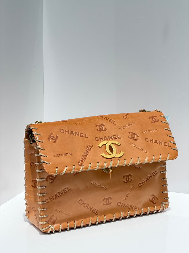Chanel Jumbo Classic Flap Bag Tan Debossed Logo Calfskin Whipstitched Gold Hardware 1994