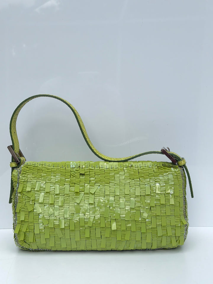 Fendi Lime Green Sequin Baguette Python Trim Silver Hardware 2000
