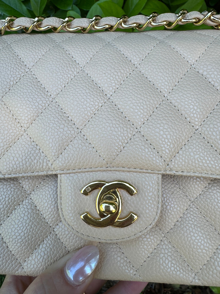 Chanel 2008 Beige Claire Medium Caviar Classic Flap W 24K GHW
