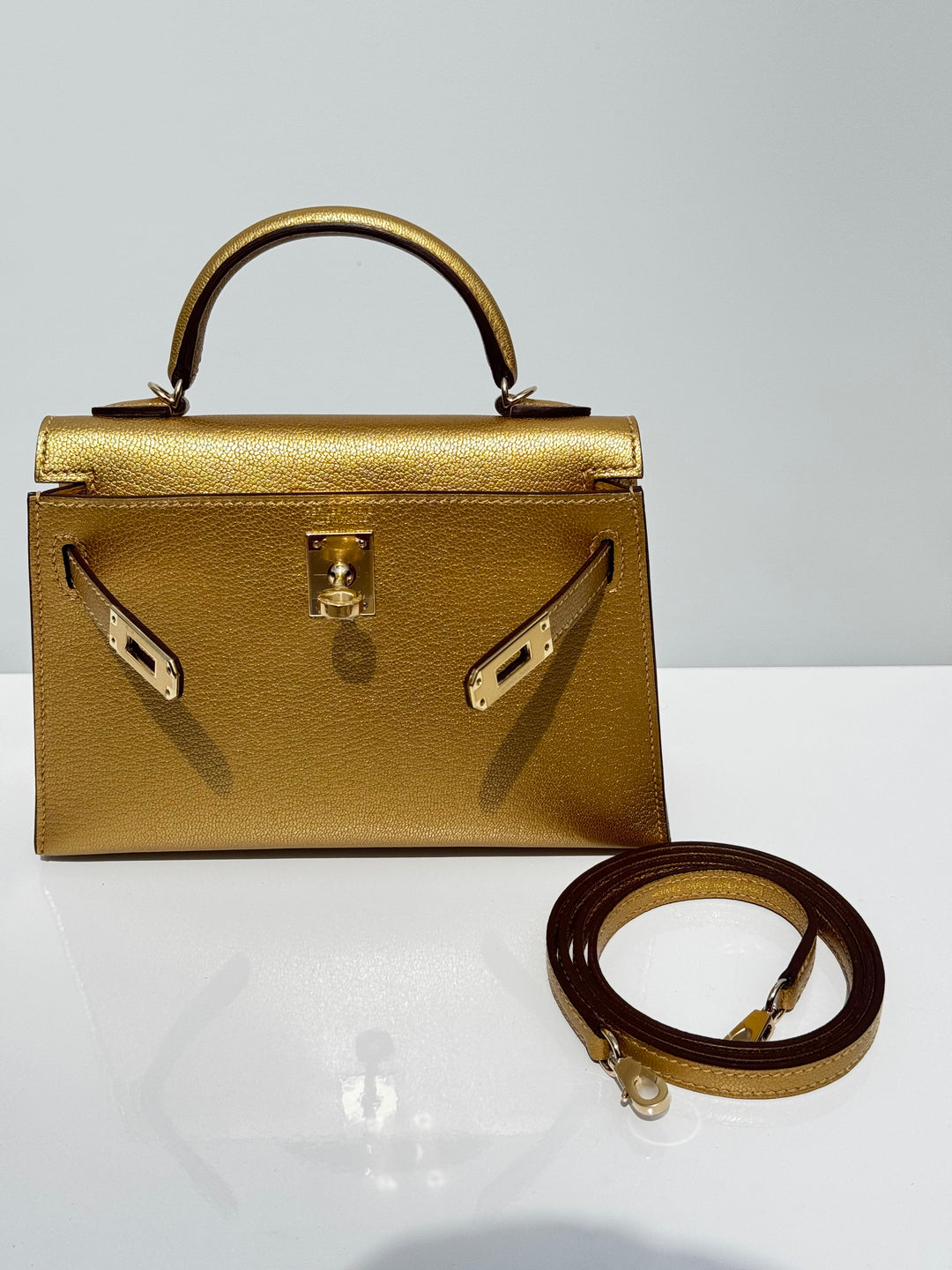 Hermes Mini Sellier Gold Metallic Chevre Dore Kelly 20