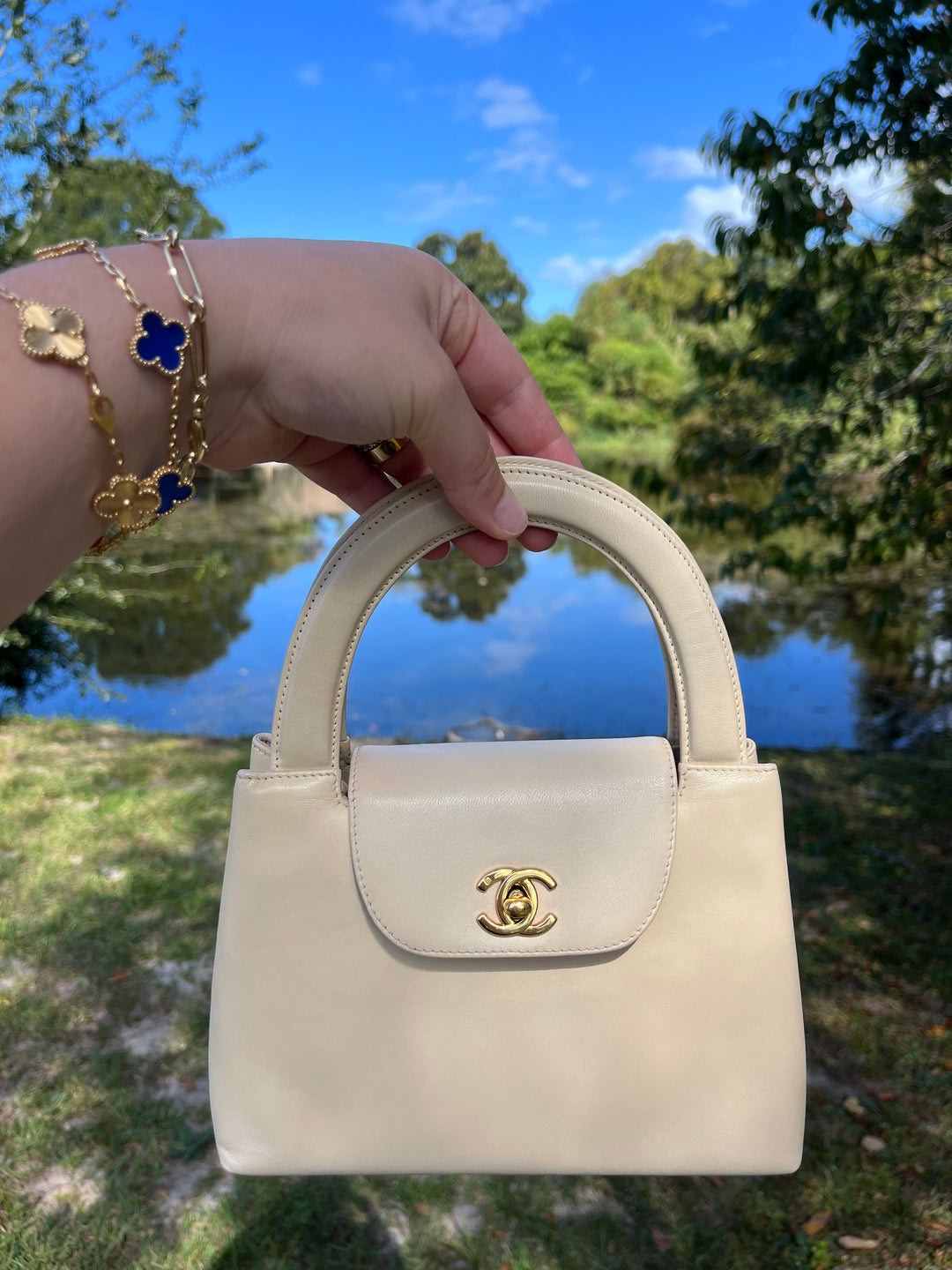 Chanel Vintage Mini Cream Lambskin Kelly Flap