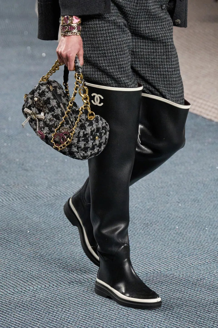 Chanel 22K Black/White Caoutchouc CC Logo Thigh High Rain Boot