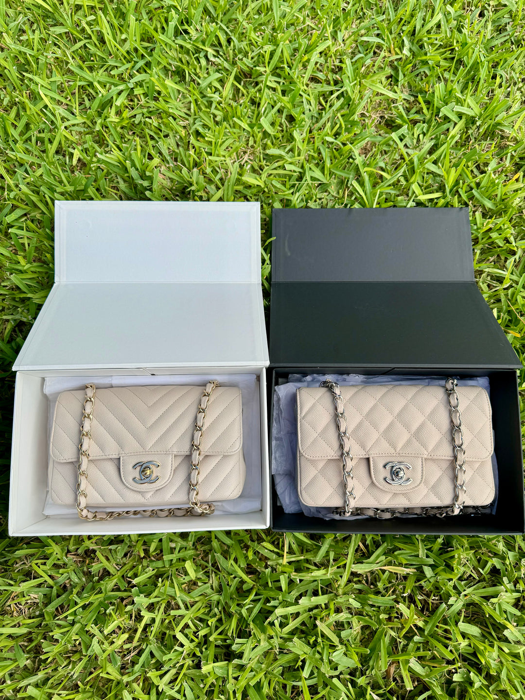 Chanel Cream Chevron Caviar Mini Flap Bag