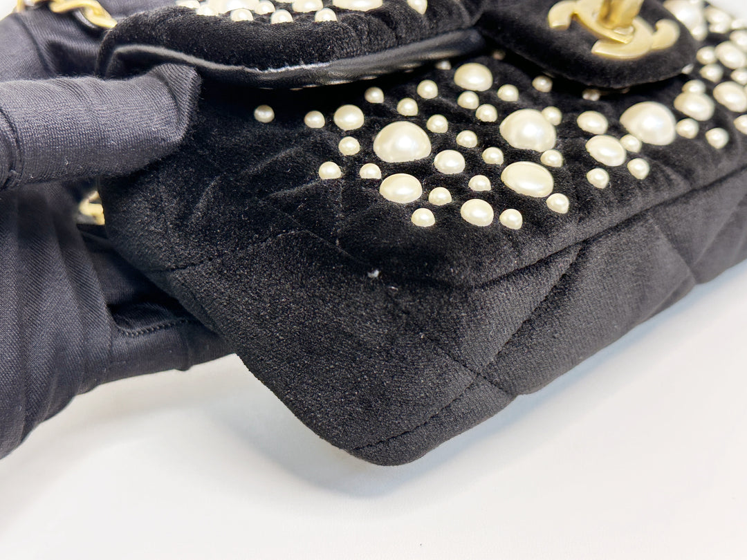 Chanel Black Velvet Mini Pearl Flap Bag