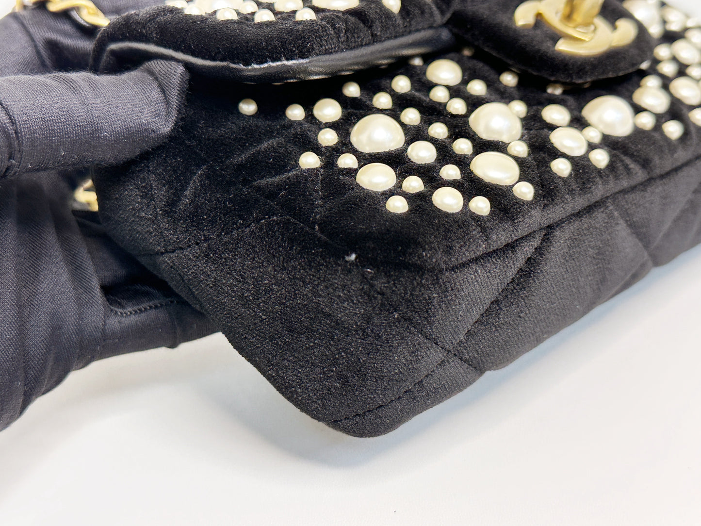 Chanel Black Velvet Mini Pearl Flap Bag