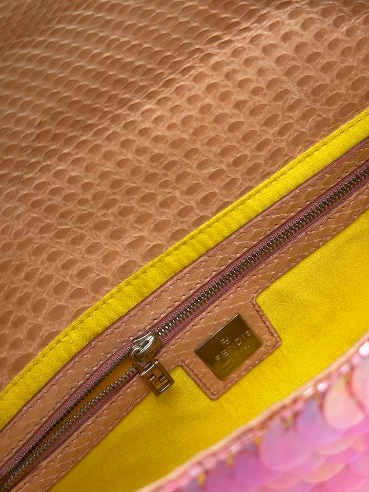 Fendi Pink Sequin Baguette Python Trim Silver Hardware 1998