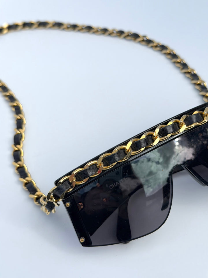 Chanel 1992 Runway Chain Sunglasses Black Gold Hardware