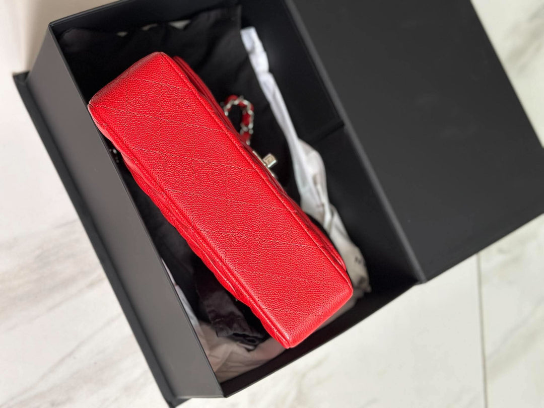 Chanel Small Classic Double Flap Caviar Red Silver Hardware 2020