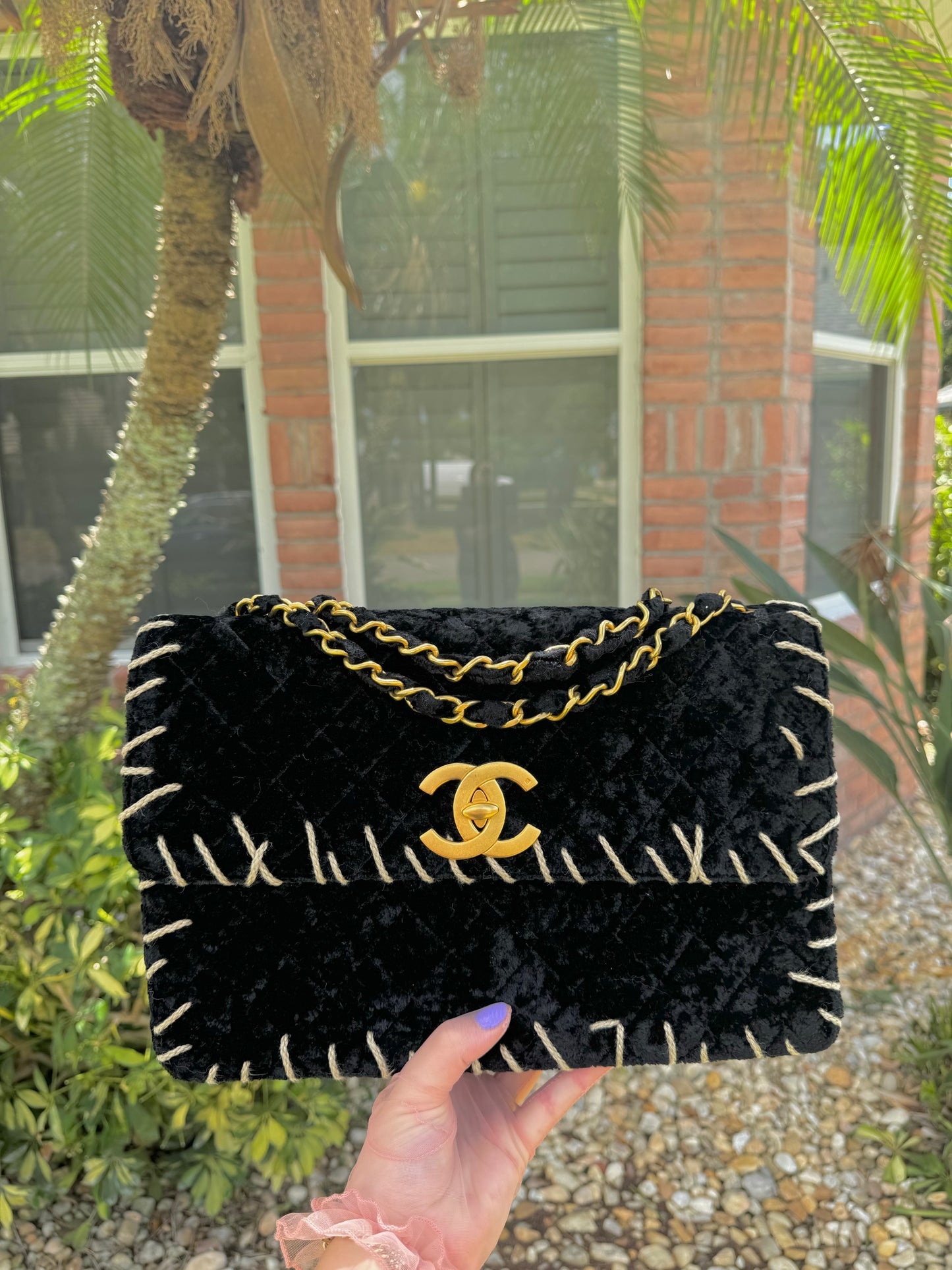 Chanel 1993 Black Velvet Whipstitch CC Flap Bag