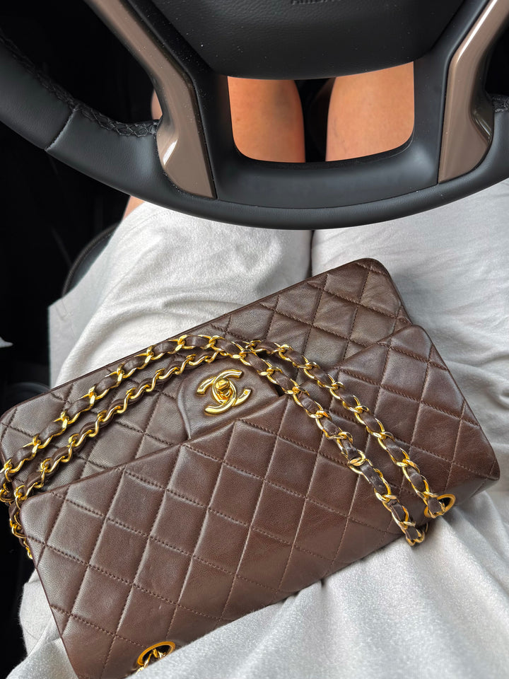 Chanel Medium Classic Flap Bag Lambskin Brown 24K Plated Gold Hardware 1994