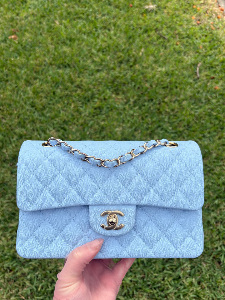 Chanel Small Classic Double Flap Caviar Light Blue Light Gold Hardware 2023