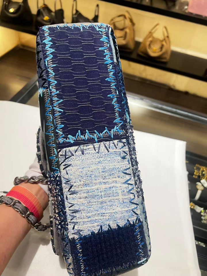 Chanel Jumbo Single Flap Patchwork Denim Blue Tweed Textile Leather Silver Hardware 2015